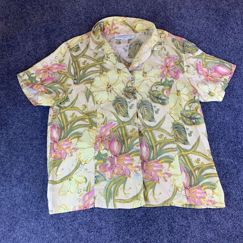 Pineapple Moon Button Up Shirt Womens Large Yellow Good Floral Silk Vintage
